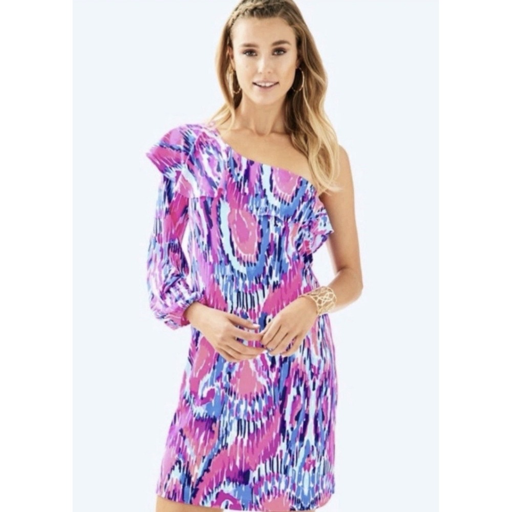 Lilly Pulitzer Amante Silk Jersey Free Spirit One Shoulder Dress Size XS $258